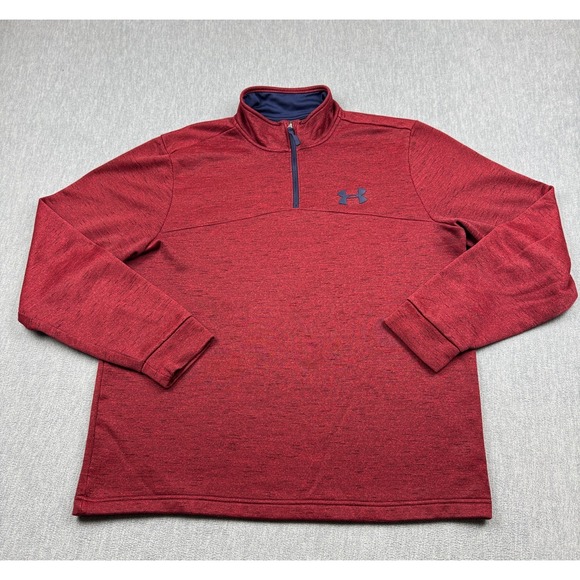 Under Armour Sweater Mens Large Red Heathered 1/4 Zip Fleece Coldgear Pullover - Picture 1 of 10